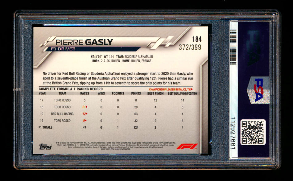 2020 Topps Chrome F1 #184 Pierre Gasly RC Purple Refractor #372/399 PSA 10