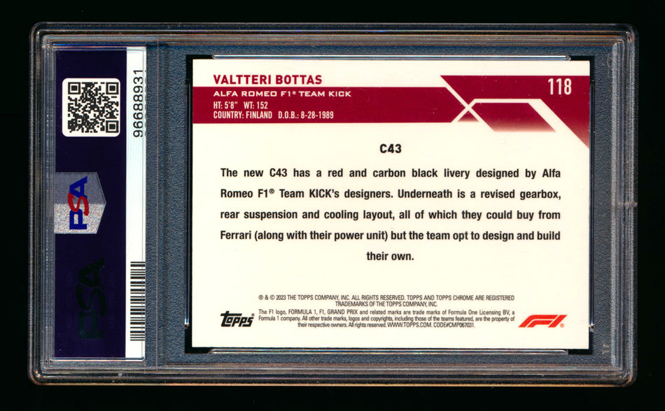 2023 Topps Chrome F1 #118 Valtteri Bottas Orange Wave Refractor #11/25 PSA 8