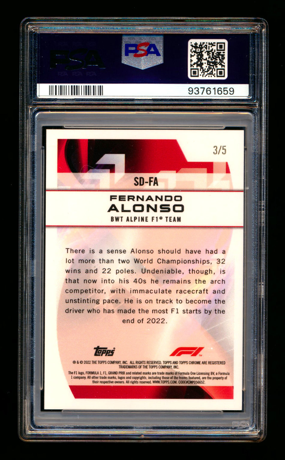 2022 Topps Chrome F1 Speed Demons #SD-FA Fernando Alonso Red Refractor #3/5 PSA 9