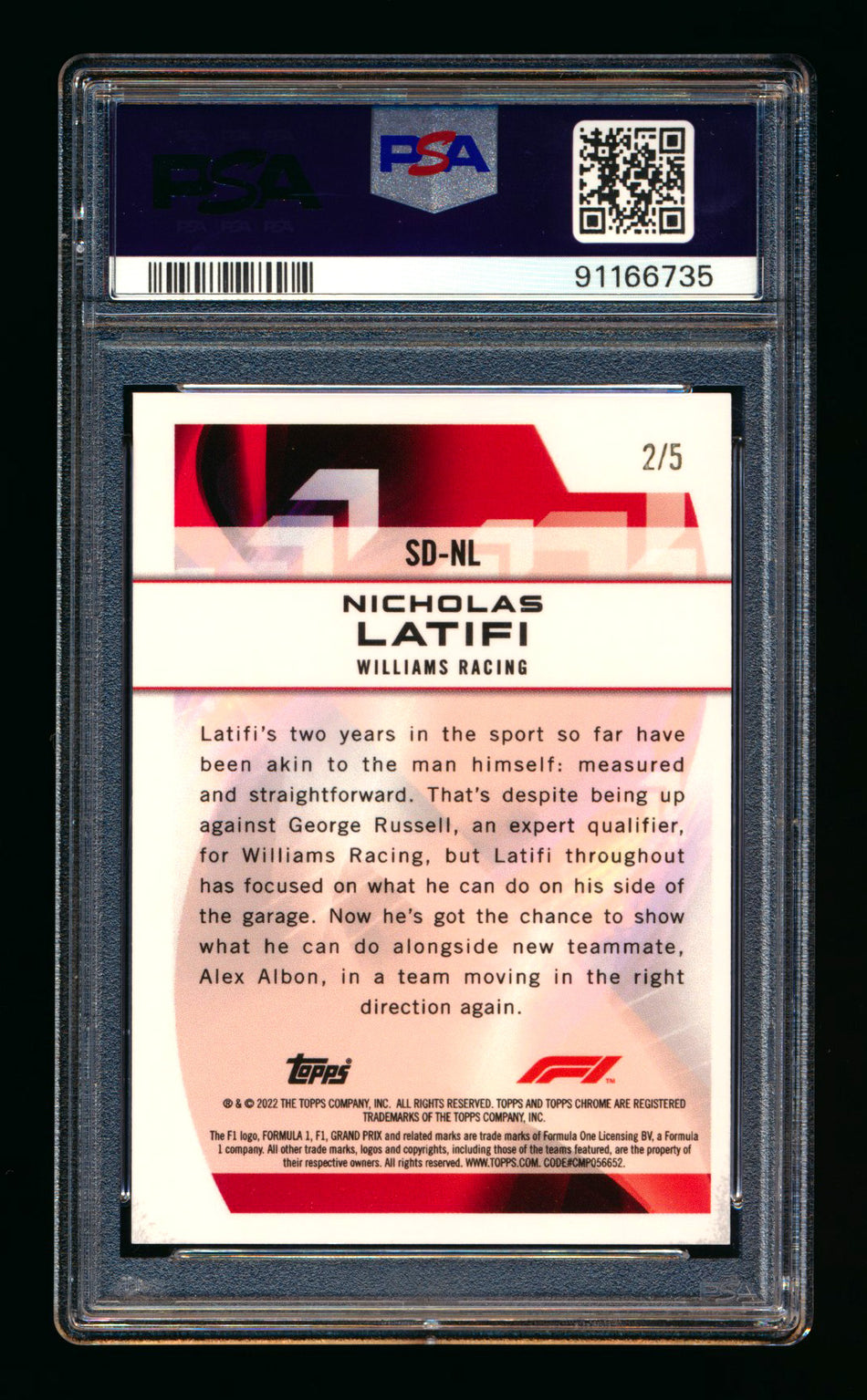 2022 Topps Chrome F1 Speed Demons #SD-NL Nicholas Latifi Red Refractor #2/5 PSA 10 - POP 1!