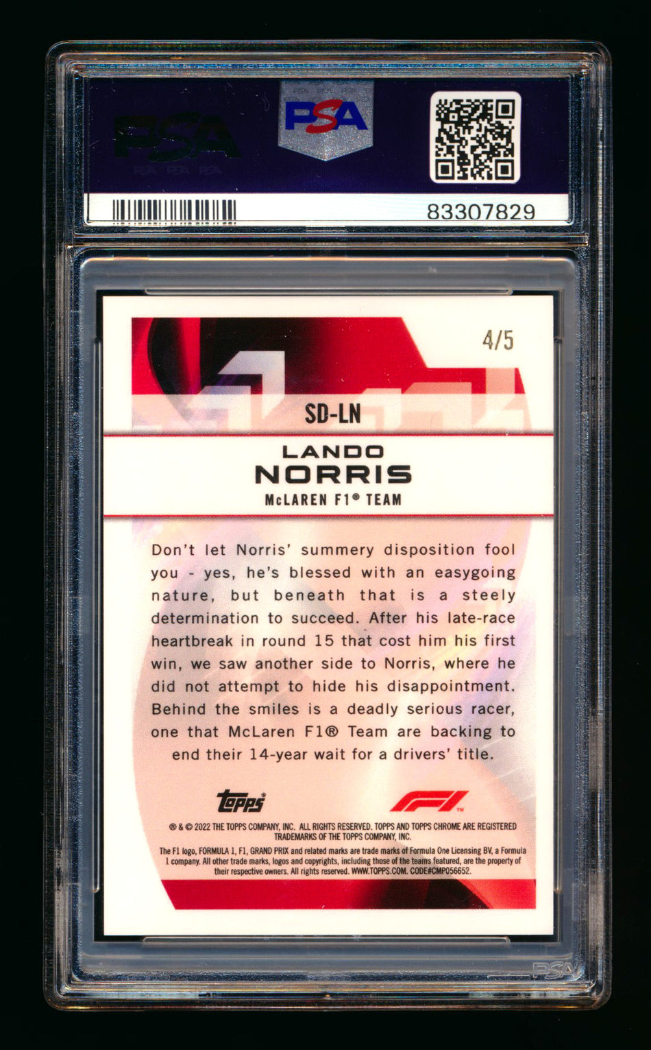 2022 Topps Chrome F1 Speed Demons #SD-LN Lando Norris Red Refractor #4/5 PSA 8 (Car Number #4!)