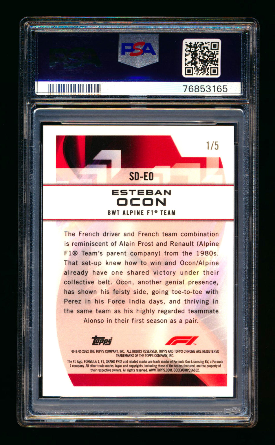 2022 Topps Chrome F1 Speed Demons #SD-EO Esteban Ocon Red Refractor #1/5 PSA 10 (First #!) - POP 1!