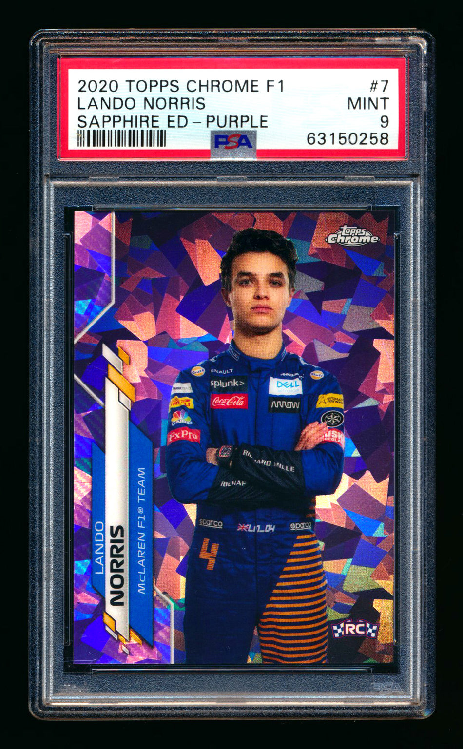 2020 Topps Chrome Sapphire F1 #7 Lando Norris RC Purple Refractor Portrait #04/10 PSA 9 (Car Number #4!)