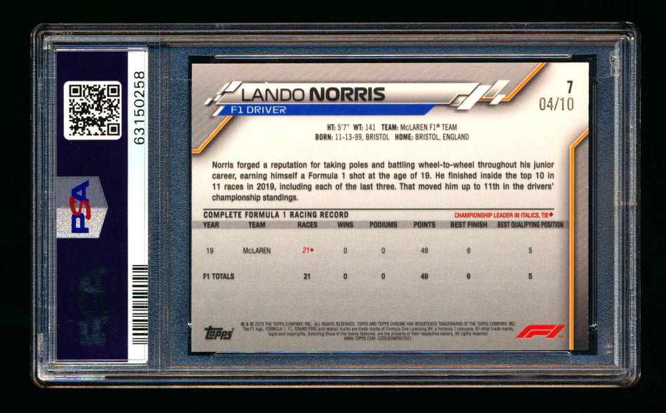2020 Topps Chrome Sapphire F1 #7 Lando Norris RC Purple Refractor Portrait #04/10 PSA 9 (Car Number #4!)