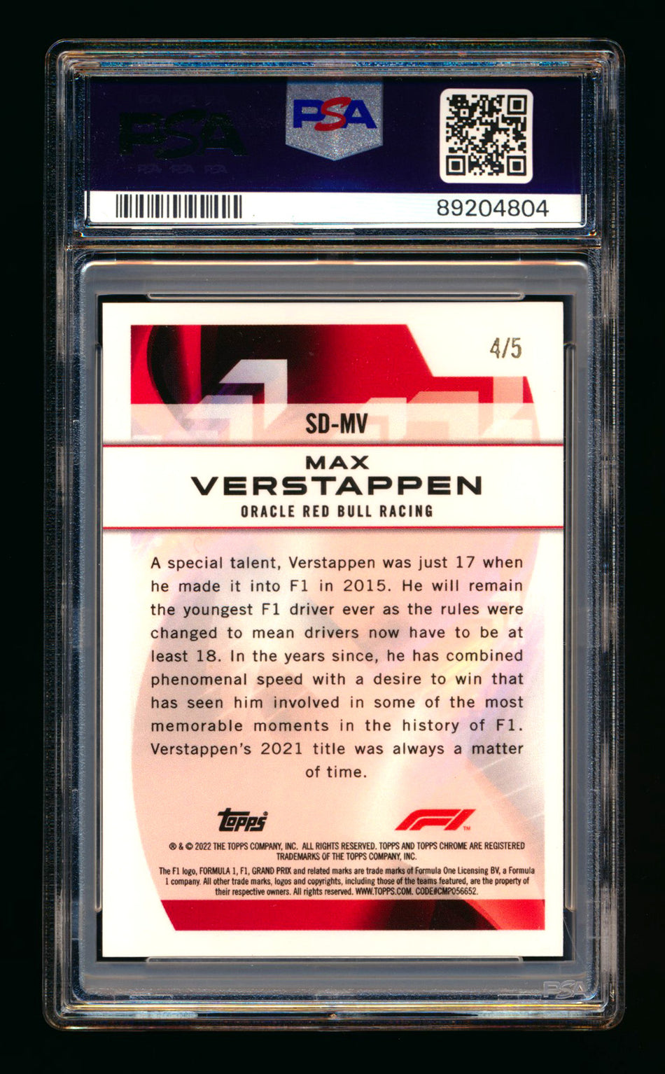 2022 Topps Chrome F1 Speed Demons #SD-MV Max Verstappen Red Refractor #4/5 PSA 10