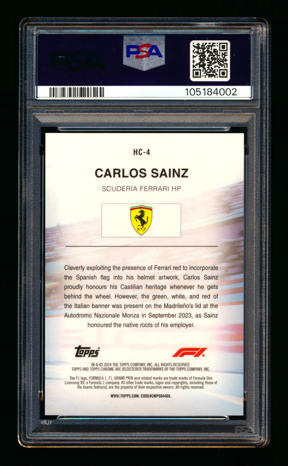 2024 Topps Chrome F1 Helmet Collection #HC-4 Carlos Sainz Gold Refractor #37/50 PSA 10