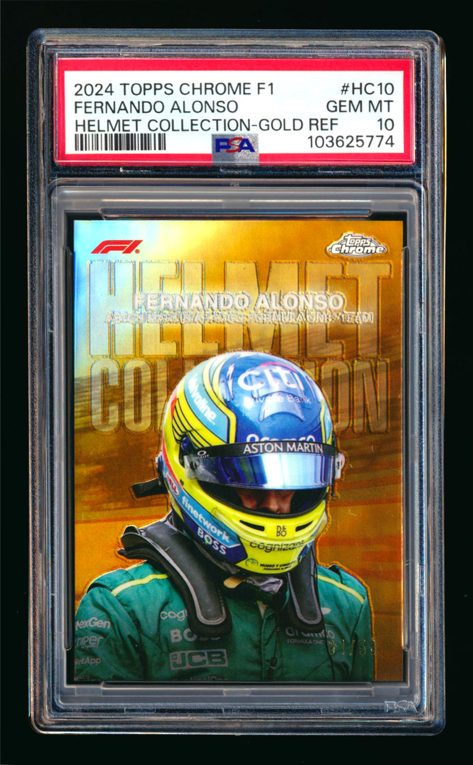 2024 Topps Chrome F1 Helmet Collection #HC-10 Fernando Alonso Gold Refractor #01/50 PSA 10 (First #!)