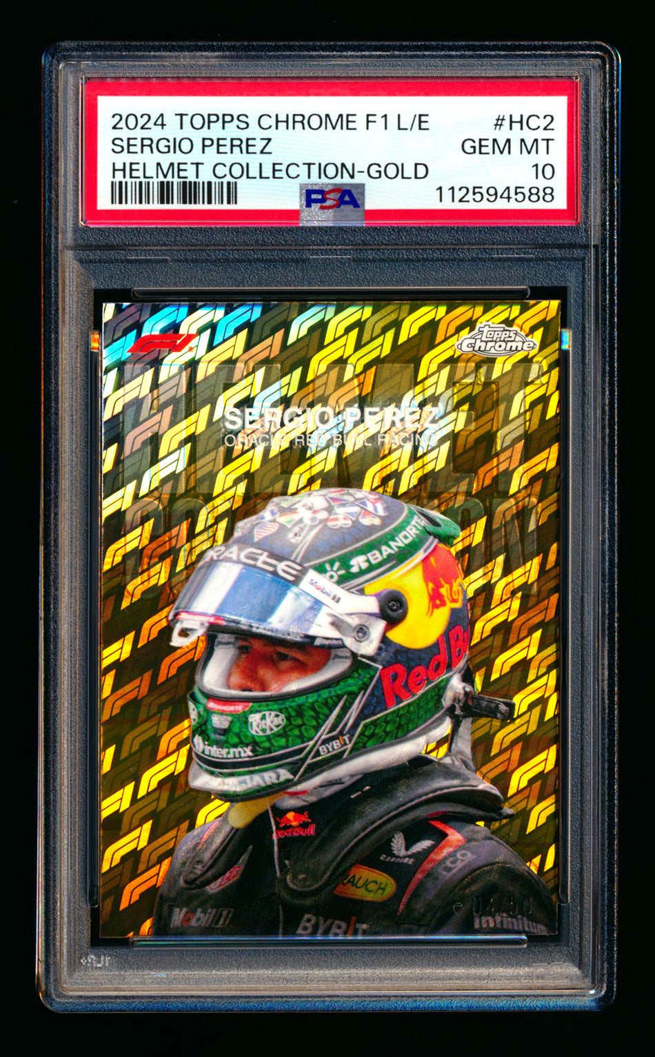 2024 Topps Chrome Logofractor F1 Helmet Collection #HC-2 Sergio Perez Gold Refractor #04/50 PSA 10