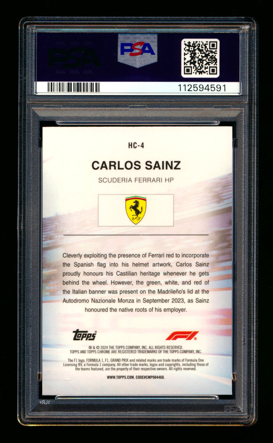 2024 Topps Chrome Logofractor F1 Helmet Collection #HC-4 Carlos Sainz Gold Refractor #43/50 PSA 10