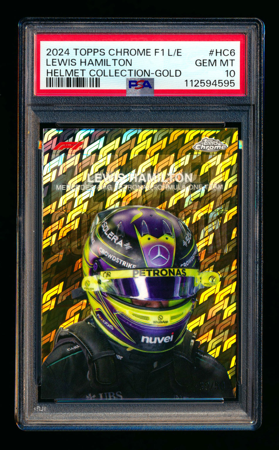 2024 Topps Chrome Logofractor F1 Helmet Collection #HC-6 Lewis Hamilton Gold Refractor #30/50 PSA 10