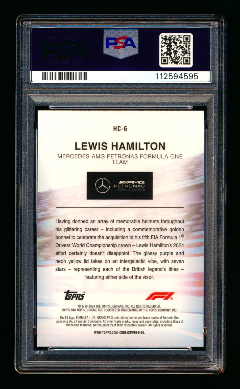 2024 Topps Chrome Logofractor F1 Helmet Collection #HC-6 Lewis Hamilton Gold Refractor #30/50 PSA 10