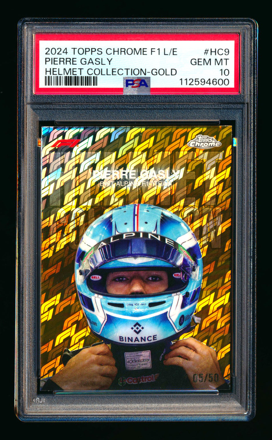 2024 Topps Chrome Logofractor F1 Helmet Collection #HC-9 Pierre Gasly Gold Refractor #05/50 PSA 10