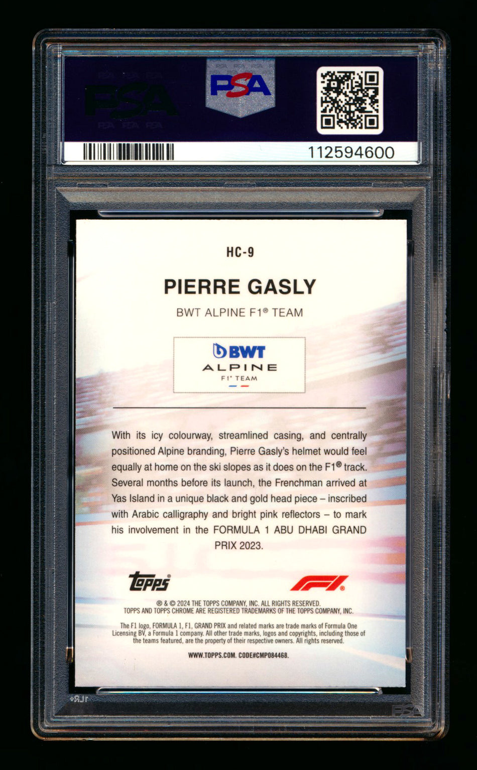 2024 Topps Chrome Logofractor F1 Helmet Collection #HC-9 Pierre Gasly Gold Refractor #05/50 PSA 10
