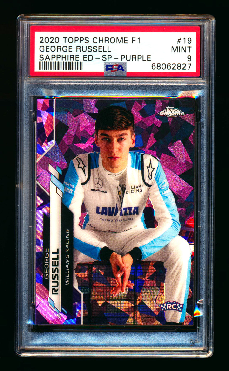 2020 Topps Chrome Sapphire F1 #19 George Russell RC Purple Refractor Image Variation SP #05/10 PSA 9