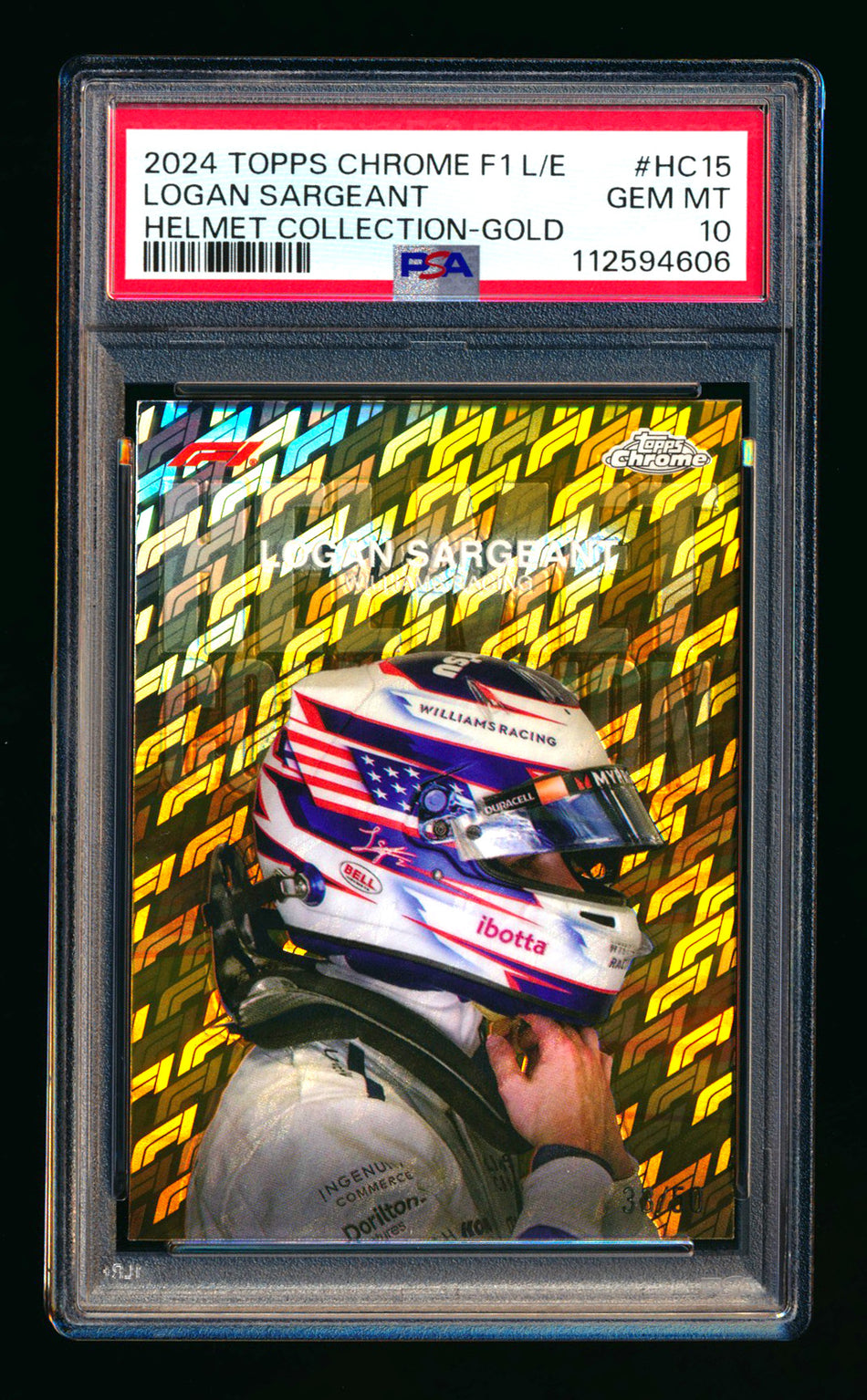 2024 Topps Chrome Logofractor F1 Helmet Collection #HC-15 Logan Sargeant Gold Refractor #33/50 PSA 10