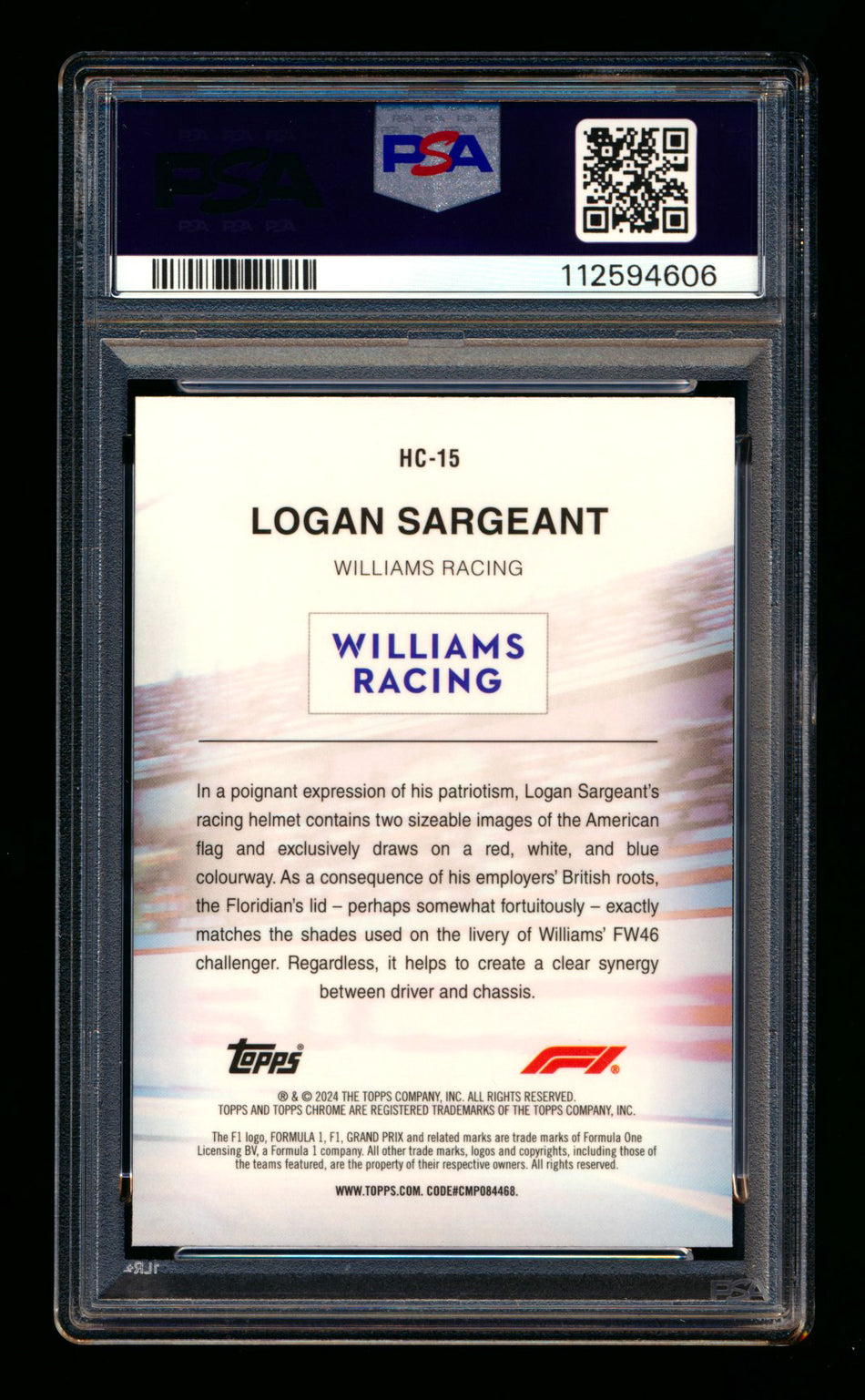 2024 Topps Chrome Logofractor F1 Helmet Collection #HC-15 Logan Sargeant Gold Refractor #33/50 PSA 10