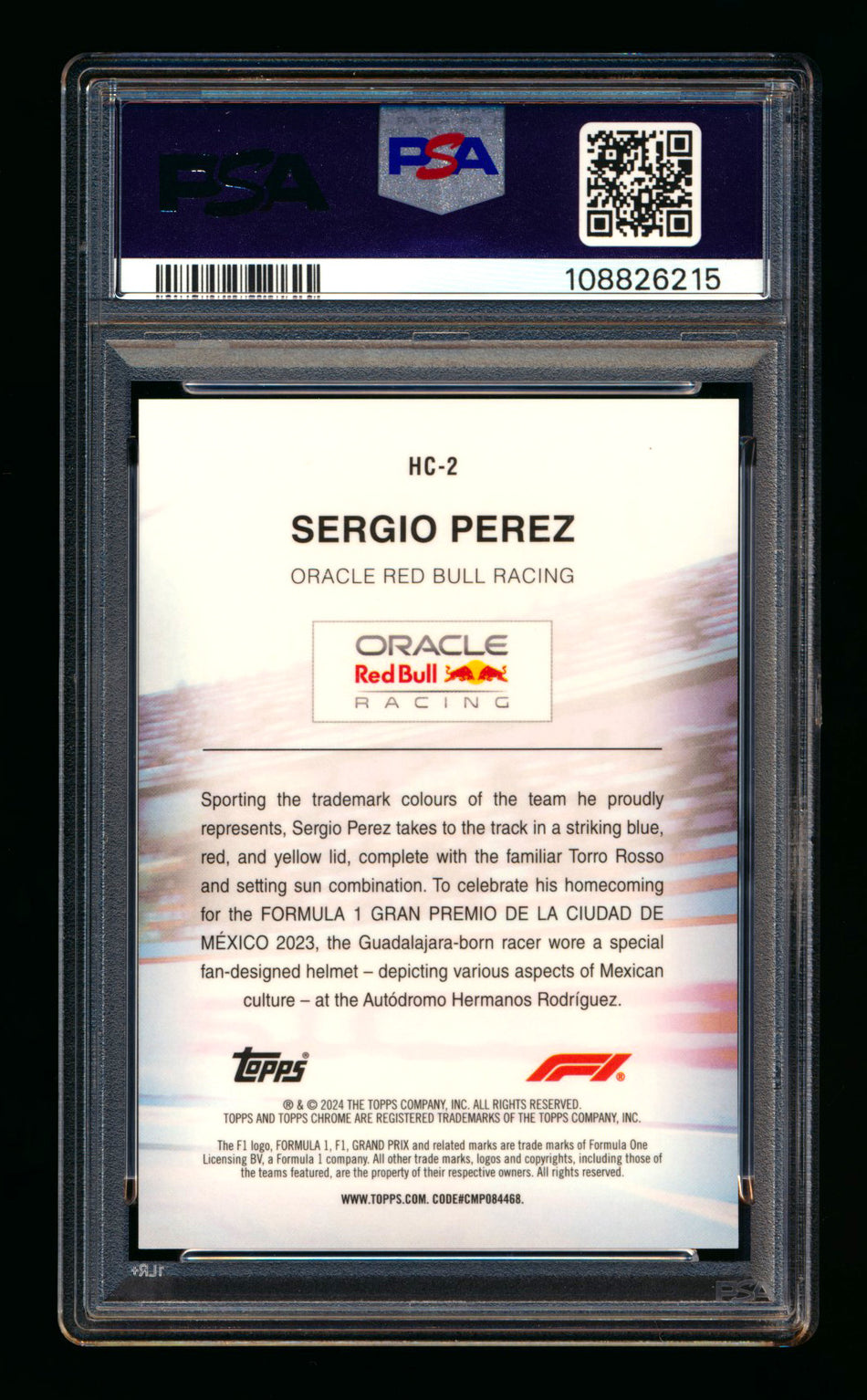 2024 Topps Chrome Sapphire F1 Helmet Collection #HC-2 Sergio Perez Purple Refractor #02/10 PSA 10 - POP 1!