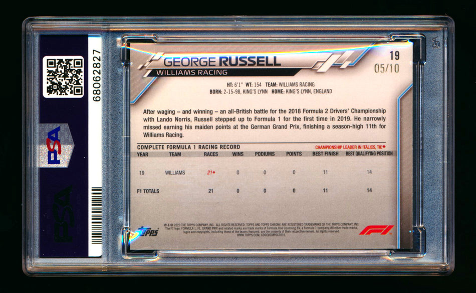 2020 Topps Chrome Sapphire F1 #19 George Russell RC Purple Refractor Image Variation SP #05/10 PSA 9