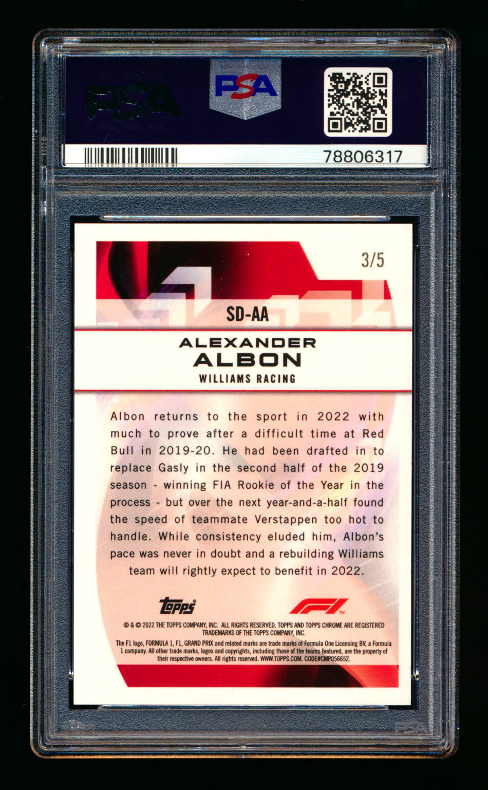 2022 Topps Chrome F1 Speed Demons #SD-AA Alexander Albon Red Refractor #3/5 PSA 9