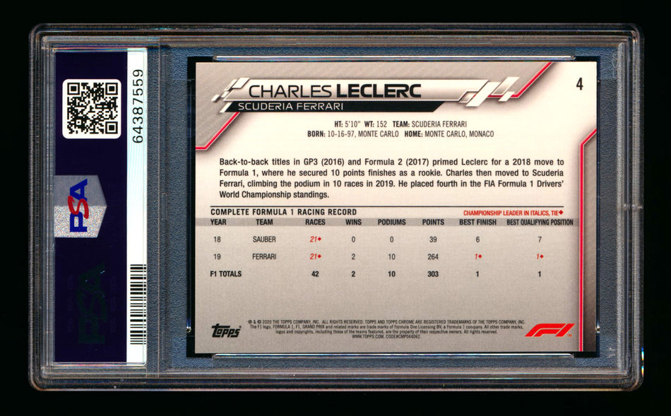 2020 Topps Chrome F1 #4 Charles Leclerc RC Refractor Image Variation SP PSA 10