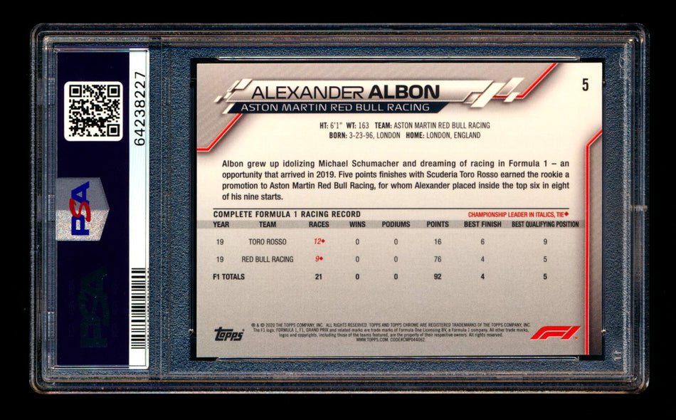 2020 Topps Chrome F1 #5 Alexander Albon RC Refractor Image Variation SP PSA 10
