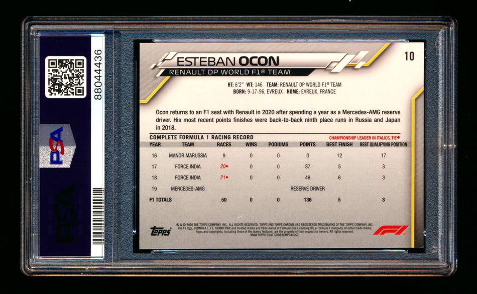 2020 Topps Chrome F1 #10 Esteban Ocon RC Refractor Image Variation SP PSA 10