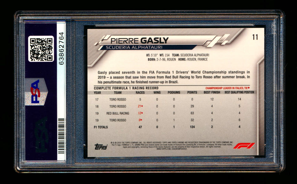 2020 Topps Chrome F1 #11 Pierre Gasly RC Refractor Image Variation SP PSA 10