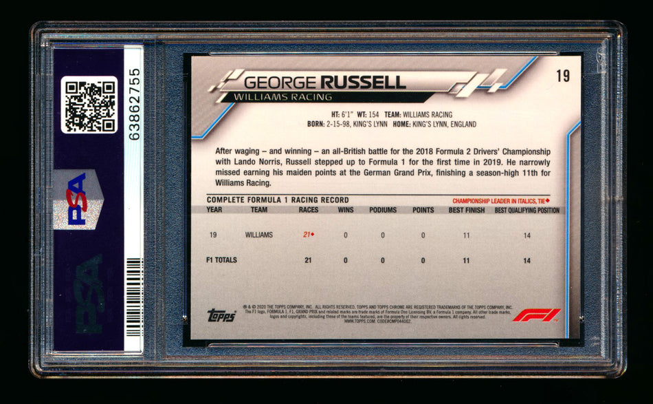 2020 Topps Chrome F1 #19 George Russell RC Refractor Image Variation SP PSA 10