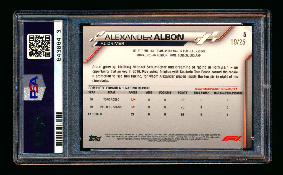 2020 Topps Chrome F1 #5 Alexander Albon RC Orange Refractor Portrait #19/25 PSA 8