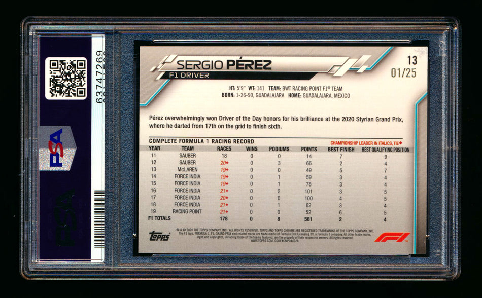 2020 Topps Chrome F1 #13 Sergio Perez RC Orange Refractor Portrait #01/25 PSA 8 (First #!)