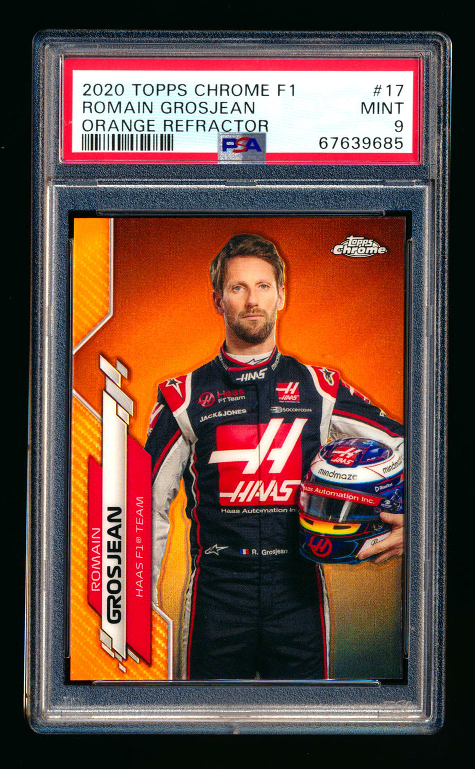 2020 Topps Chrome F1 #17 Romain Grosjean RC Orange Refractor Portrait #16/25 PSA 9