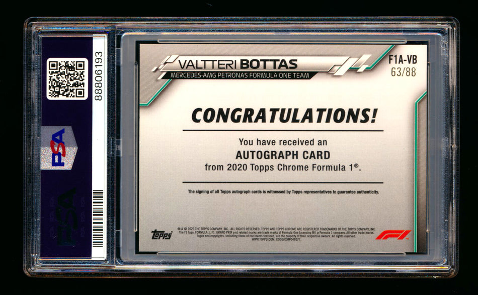 2020 Topps Chrome F1 #F1A-VB Valtteri Bottas RC Refractor Autograph #63/88 PSA 8