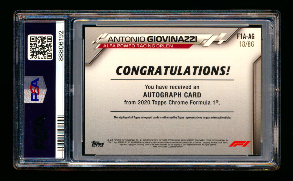 2020 Topps Chrome F1 #F1A-AG Antonio Giovinazzi RC Refractor Autograph #18/86 PSA 9