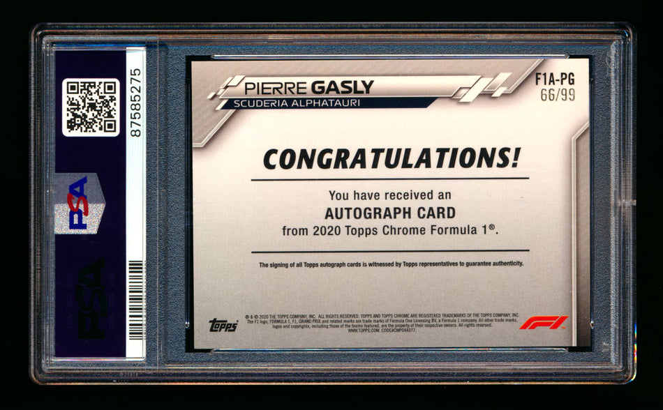 2020 Topps Chrome F1 #F1A-PG Pierre Gasly RC Refractor Autograph #66/99 PSA 8 DNA 10