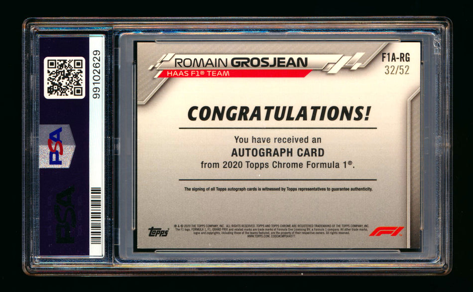 2020 Topps Chrome F1 #F1A-RG Romain Grosjean RC Refractor Autograph #32/52 PSA 8