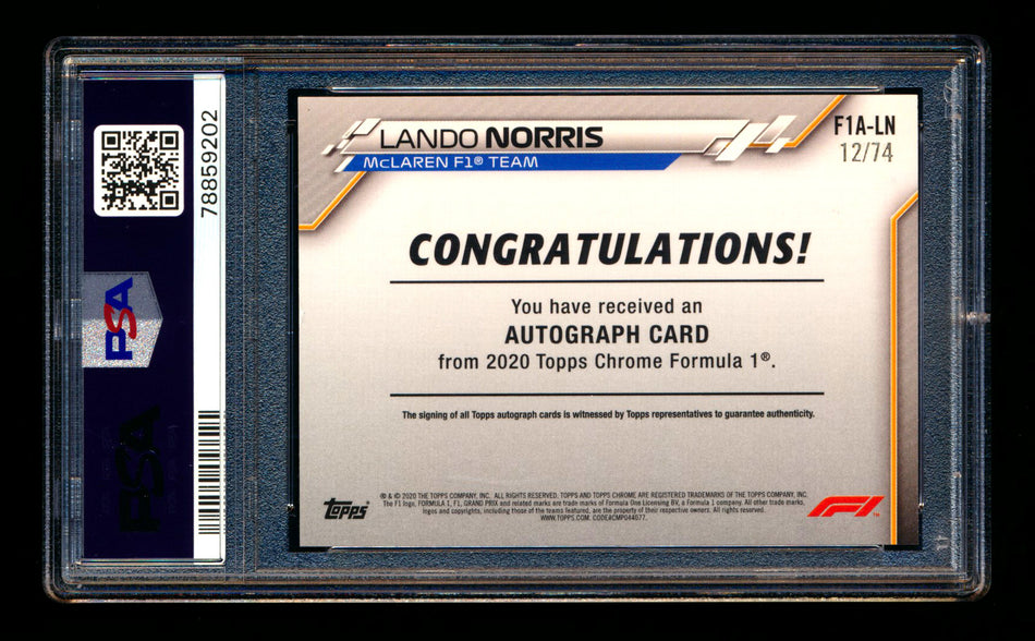 2020 Topps Chrome F1 #F1A-LN Lando Norris RC Refractor Autograph #12/74 PSA Authentic DNA 10