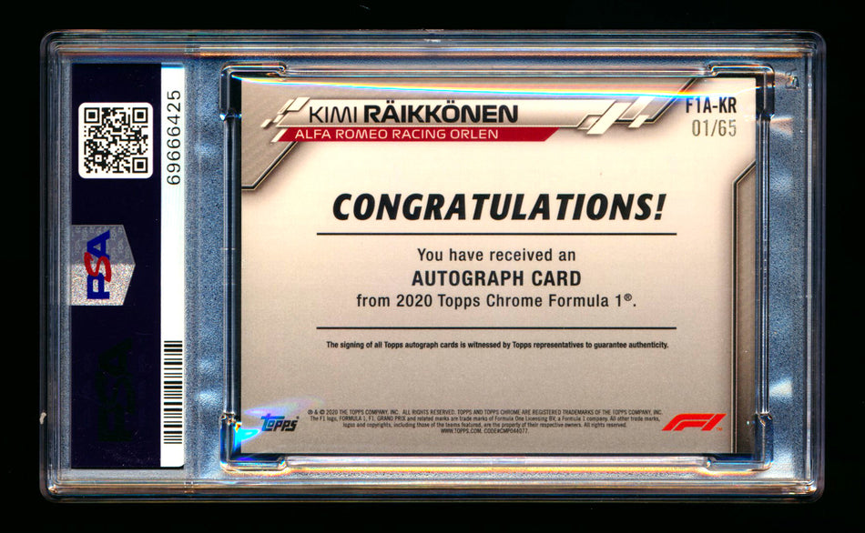 2020 Topps Chrome F1 #F1A-KR Kimi Raikkonen RC Refractor Autograph #01/65 PSA 8 DNA 10 (First #!)