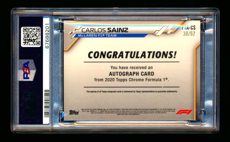 2020 Topps Chrome F1 #F1A-CS Carlos Sainz RC Refractor Autograph #38/52 PSA 7