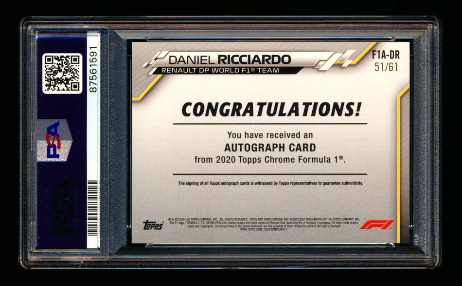 2020 Topps Chrome F1 #F1A-DR Daniel Ricciardo RC Refractor Autograph #51/61 PSA 8 DNA 10