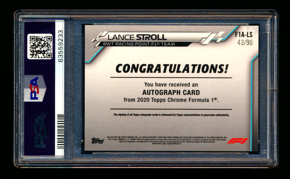 2020 Topps Chrome F1 #F1A-LS Lance Stroll RC Refractor Autograph #43/90 PSA 8