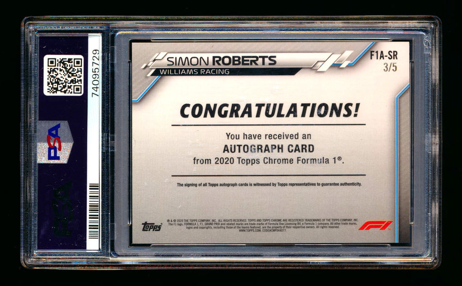 2020 Topps Chrome F1 #F1A-SR Simon Roberts RC Red Refractor Autograph #3/5 PSA 8 DNA 10