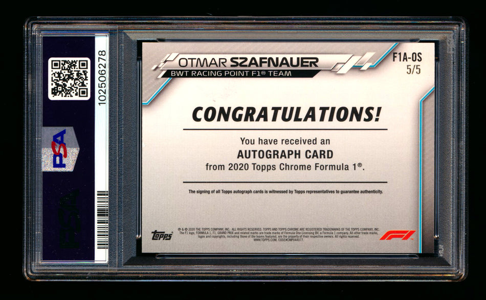 2020 Topps Chrome F1 #F1A-OS Otmar Szafnauer RC Red Refractor Autograph #5/5 PSA 8 DNA 10 (Last #!)