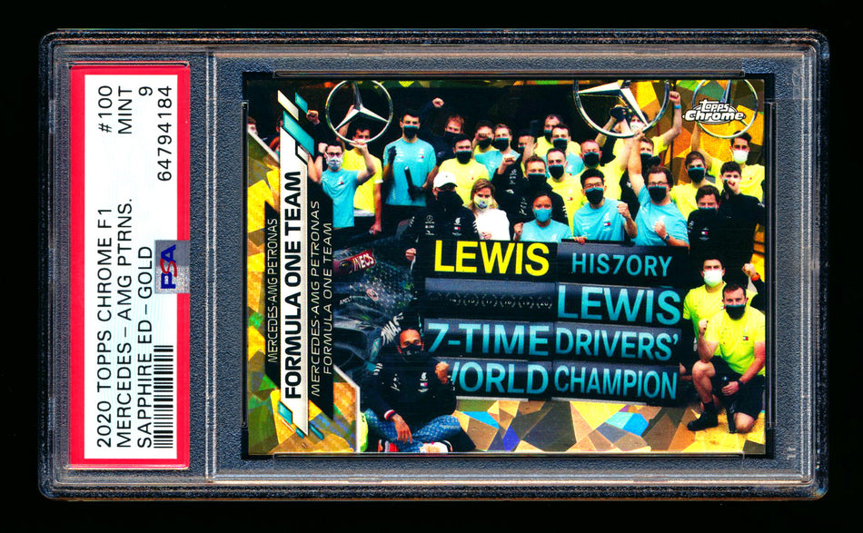 2020 Topps Chrome Sapphire F1 #100 Mercedes-AMG Petronas/Lewis Hamilton RC Gold Refractor #31/50 PSA 9