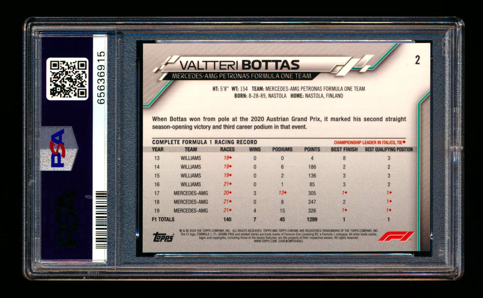2020 Topps Chrome F1 #2 Valtteri Bottas RC Refractor Image Variation SP PSA 10