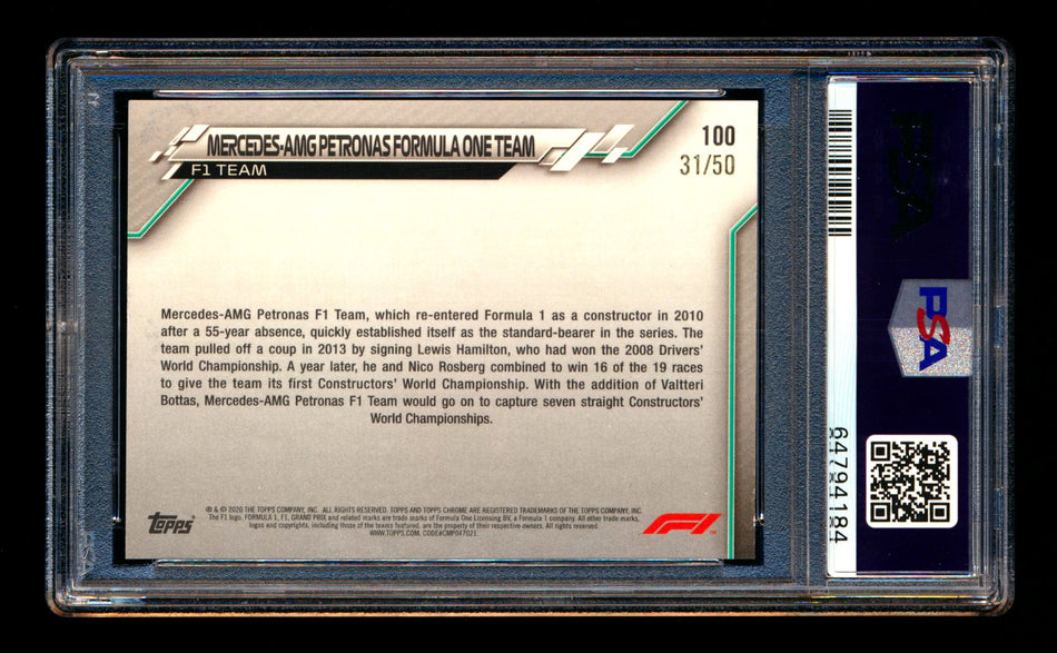 2020 Topps Chrome Sapphire F1 #100 Mercedes-AMG Petronas/Lewis Hamilton RC Gold Refractor #31/50 PSA 9