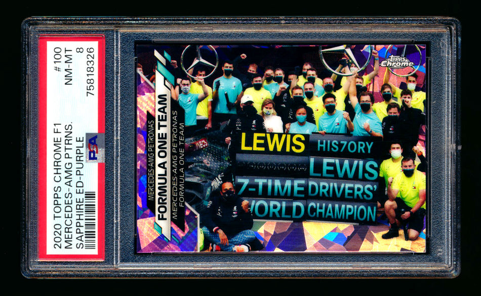 2020 Topps Chrome Sapphire F1 #100 Mercedes-AMG Petronas/Lewis Hamilton RC Purple Refractor #05/10 PSA 8