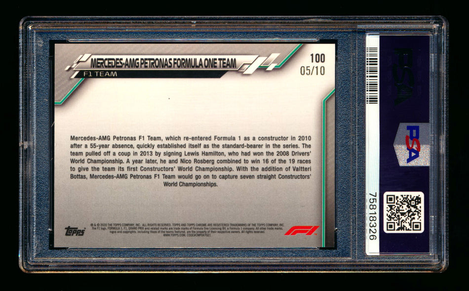 2020 Topps Chrome Sapphire F1 #100 Mercedes-AMG Petronas/Lewis Hamilton RC Purple Refractor #05/10 PSA 8