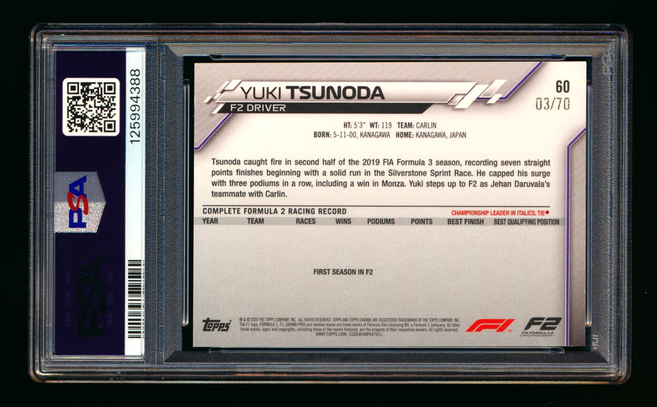 2020 Topps Chrome Sapphire F1 #60 Yuki Tsunoda RC 70th Silver Refractor #03/70 PSA 8
