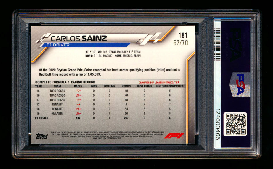 2020 Topps Chrome Sapphire F1 #181 Carlos Sainz RC 70th Silver Refractor #62/70 PSA 9