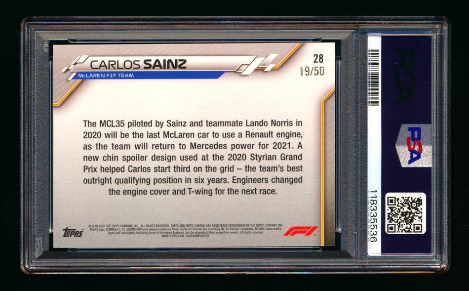 2020 Topps Chrome Sapphire F1 #28 Carlos Sainz RC Gold Refractor #19/50 PSA 9